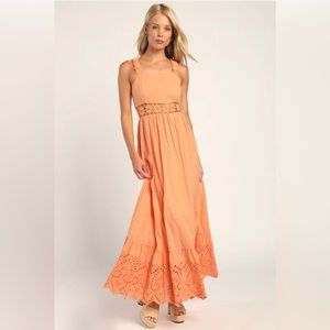 Lulu’s • Simply Effortless Peach Sleeveless Lace Swiss Dot Maxi Dress